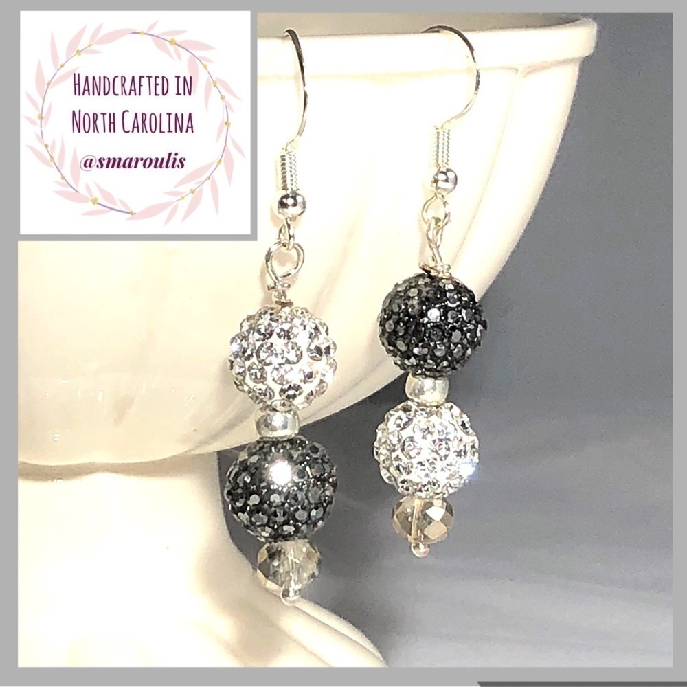 Sterling sterling earrings crystal black white & black DAZZLE balls stunning - Picture 8 of 8